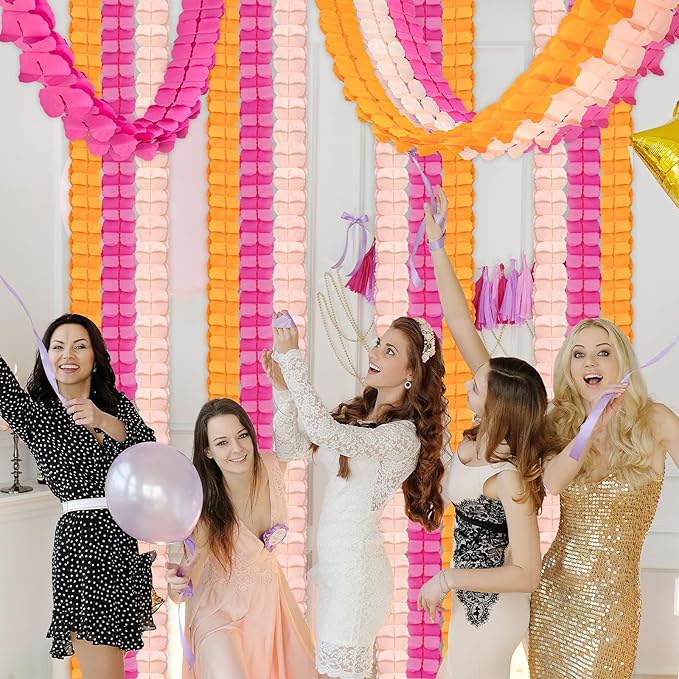 12Pcs Pink and Orange Party Decorations, Hot-Pink Orange Paper Streamers Garland for Girls Women Birthday Sunset Bridal Wedding Baby Shower Backdrop Decor Thanksgiving Friendsgiving Party Decorations