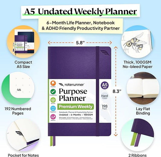 Roterunner Purpose Planner Notebook A5 5.8”x8.3” Undated 2026 Daily Weekly and Monthly Productivity Goal Setting Tool for Work Home ADHD Planner for Adults Self Care Journal (Purple Hardcover)