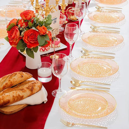 Rubtlamp 100Pcs Orange Plastic Plates, Orange Disposable Plates With Gold Rim, Hammered Plastic Plates Include 50 Dessert Platos, 50 Dinner Platos for Party