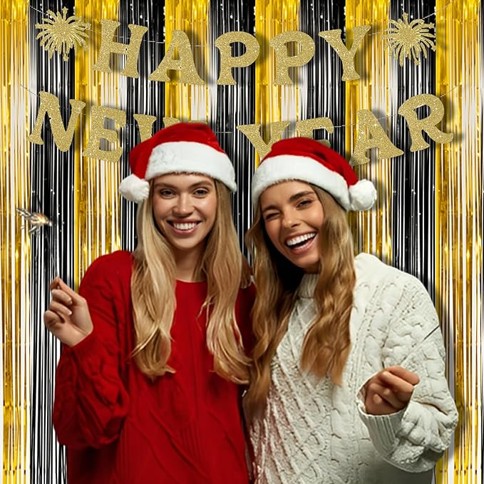 BRAVESHINE 3.2 x 8.2ft Black Gold Foil Fringe Curtains - 2 Pack Metallic Photo Booths Party Streamers Backdrop for New Years/Boy/Men/Birthdays/Engagement/Homecoming/Farewell/Prom/Christmas Decorations