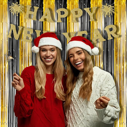 BRAVESHINE 3.2 x 8.2ft Black Gold Foil Fringe Curtains - 2 Pack Metallic Photo Booths Party Streamers Backdrop for New Years/Boy/Men/Birthdays/Engagement/Homecoming/Farewell/Prom/Christmas Decorations