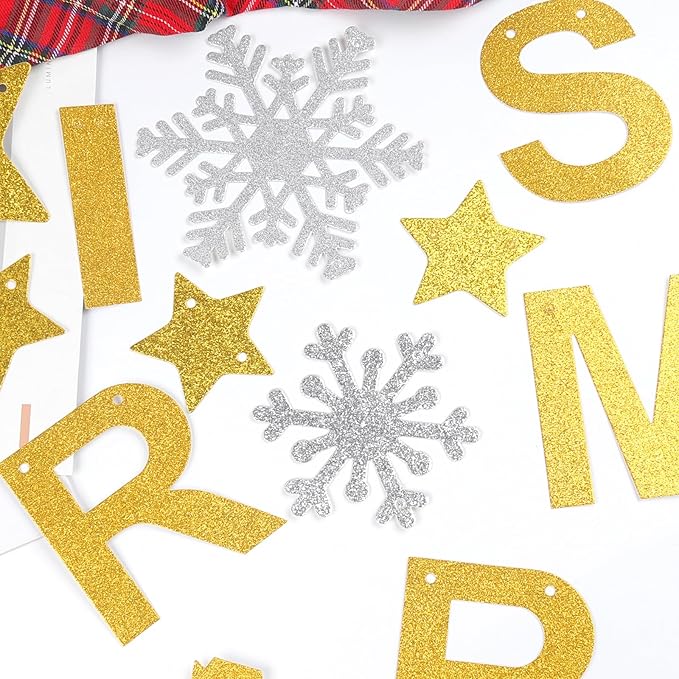 Totelux Merry Christmas Banners Decoration Glitter Star Snowflakes Sign Gold Silver Christmas Hanging Banner for Wall Home Office Holiday Party Decor Supplies
