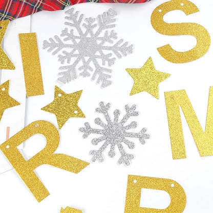 Totelux Merry Christmas Banners Decoration Glitter Star Snowflakes Sign Gold Silver Christmas Hanging Banner for Wall Home Office Holiday Party Decor Supplies