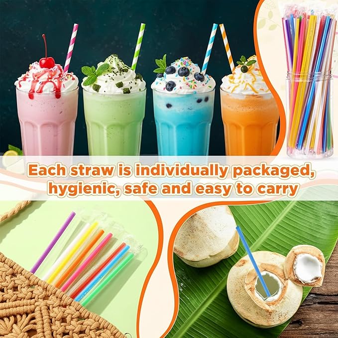 2000 PCS Individually Wrapped Disposable Plastic Drinking Straws, (9" Long, 0.24" Diameter), for Juice, Iced Coffee, Soda, and Party Beverages(Colorful)