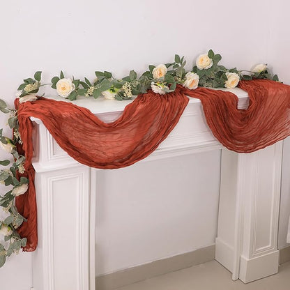 Snowkingdom 6PCS 10Ft Terracotta Cheesecloth Table Runner Bulk, 120inch Long Rust Cheese Cloth Boho Gauze Runner for Wedding Bridal Shower Rustic Sheer Fall Thanksgiving Table Decorations