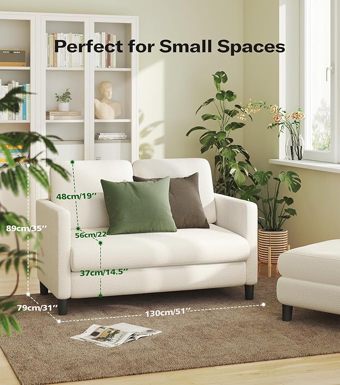 Loveseat Sofa, 51" Love Seat, Comfy Teddy Small Loveseat for Small Spaces, Tool-Free Setup Sofa Couch for Bedroom, All-Wood Couches for Living Room, No Pillow Included, Beige