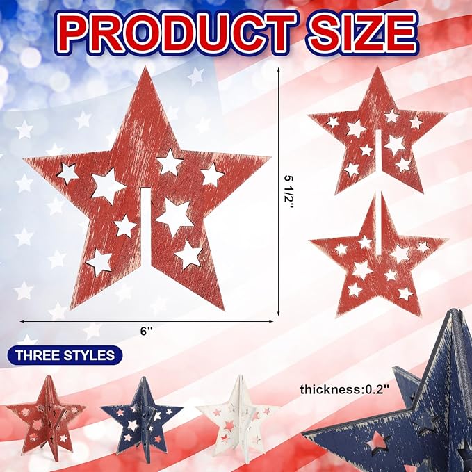 COCHIE 6 Inch Labor Day Decorations Wooden Stars Set, Vintage 3D Star Memorial Day Tiered Tray Decor, 4th of July Red White Blue Patriotic Decoration for Home Table Desk Door Shelf (Cutout Retro)