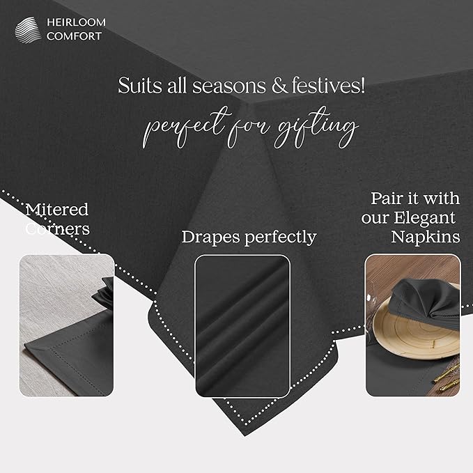 Dark Grey Tablecloth, Rectangle Table Cover 60x102 Inch, 100% Cotton, Fits 8-10 Seats, Durable, Washable, Wrinkle Resistant, Dining Table Cloth for Modern Decor, Events, Dining