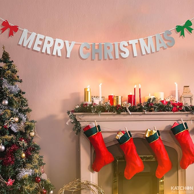 KatchOn, Merry Christmas Banner Indoor - Large 10 Feet | Fireplace Banner for Christmas Decorations Indoor | Silver Garland for Xmas Decorations | Xmas Party Decorations