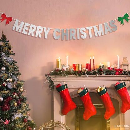 KatchOn, Merry Christmas Banner Indoor - Large 10 Feet | Fireplace Banner for Christmas Decorations Indoor | Silver Garland for Xmas Decorations | Xmas Party Decorations