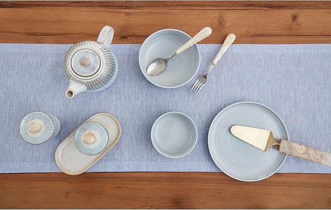 Solino Home Linen Table Runner 48 Inches - 100% Pure Linen Chambray Blue Table Runner 14 x 48 Inch Ideal for Dresser and Coffee Tables - Athena - Christmas, Winter
