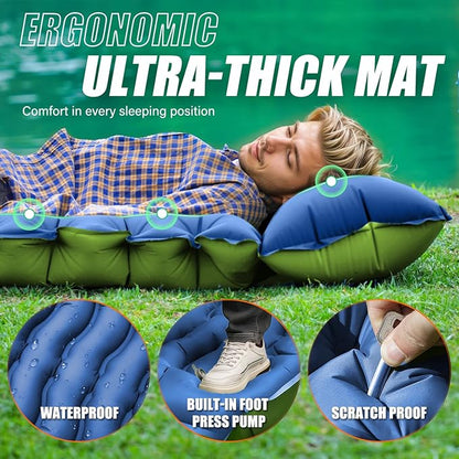 Camping Sleeping Pad,with Foot Pump and Pillow – Ultralight Compact Sleeping Mat for Backpacking, Hiking, Tent – Portable Single Inflatable Mattress for Outdoor