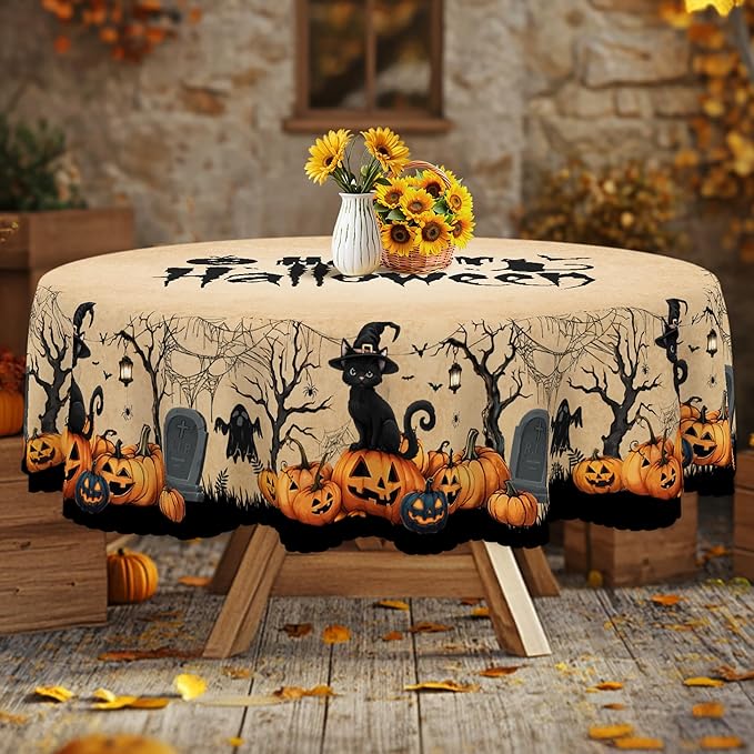 Eikione Round Tablecloth 60inch, Tablecloth Pumpkin Bat Waterproof and Wrinkle-Free, Table Covers, Summer Decorations for Home Dining