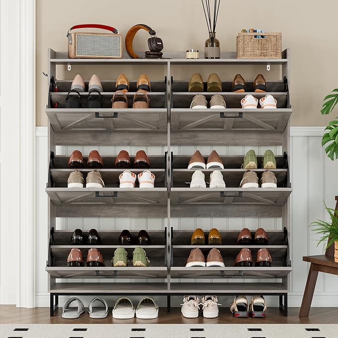 Shoe Cabinet with 6 Flip Drawers Narrow Shoe Storage Cabinet Organizer Wooden Freestanding Shoe Rack Hidden Slim Shoes Storage Cabinet for Entryway, Hallway, Living Room, Bedroom