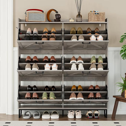 Shoe Cabinet with 6 Flip Drawers Narrow Shoe Storage Cabinet Organizer Wooden Freestanding Shoe Rack Hidden Slim Shoes Storage Cabinet for Entryway, Hallway, Living Room, Bedroom