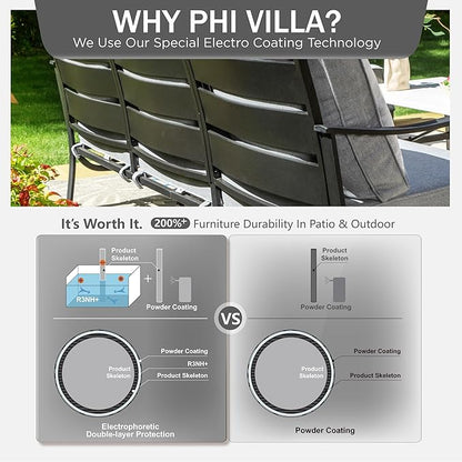 PHI VILLA 4 Piece Patio Furniture with Metal FirePit Table, 1 x 3-Seat Wide Deep Seating Bench & 2 x Swivel Sofa Chairs, 5.75" Thick Cushioned Outdoor Furniture Conversation Set for 5, Grey