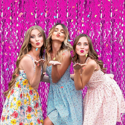 4 Pack Rose Red Fringe Curtain Backdrop 3.2Ft x 8.2Ft Metallic Tinsel Foil Fringe Streamers Background for Photo Booth, Easter, Mother's Day, Bachelorette, Wedding, Birthday Party Decoration