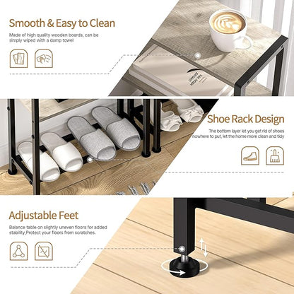 Narrow Side Table for Small Space, 2-Tier Small End Table with Shelf Holder, Slim Nightstand, Skinny Snack Couch Table in Living Room, Bedroom, Study, Kitchen and Balcony (Greige)