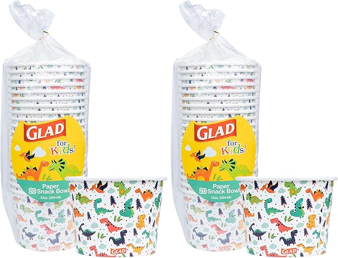 Glad Paper Bowls, 12 Ounces, 20 Count | Dinosaur Design | Disposable | For Kids | Pack of 2