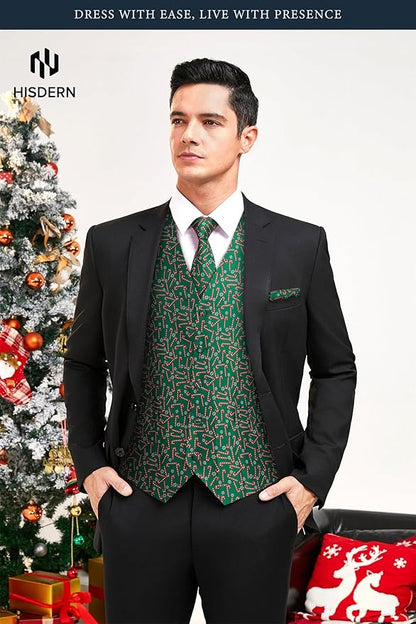 HISDERN Men's Suit Vest Christmas Holiday Season Party Jacquard Waistcoats Necktie Pocket Square Vest Suit Set