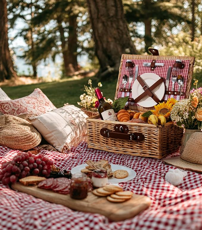 Picnic Basket for 2 with Waterproof Picnic Blanket, Wicker Picnic Set Kit with Cooler for Beach, Insulated Picnic Baskets, Bridal Shower Gift Wedding Gifts with Mr Mrs Wine Glasses and Greeting Card