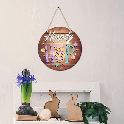 10" Easter Round Wooden Hanging Sign With Sisal Rope - Hippity Hop Wooden Plaque For Front Door, Porch, Outdoor Indoor, Farmhouse Wall Decor Party Favor & Decorations - B05