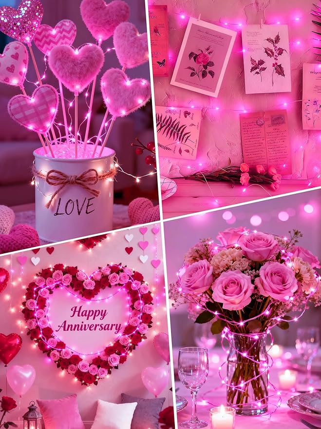 btfarm 4 Pack Fairy Lights Battery Operated with Timer, 16.4 FT 50 LED Silver Wire Twinkle String Lights 8 Modes Dimmable Waterproof for Indoor Christmas Bedroom Wedding Decorations, Pink
