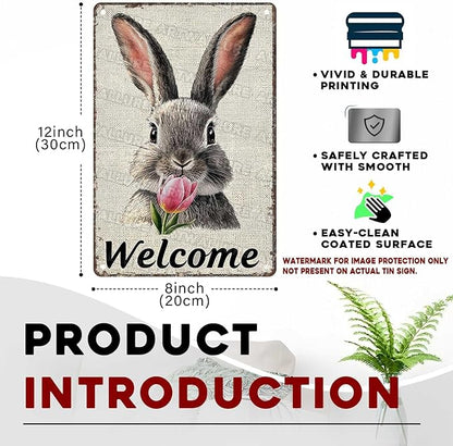 Easter Bunny Tin Sign Retro Tulips - Fun and Metal Sign for Homes Bedrooms Gardens Hallways Parties Spring Decorations 8x12Inch