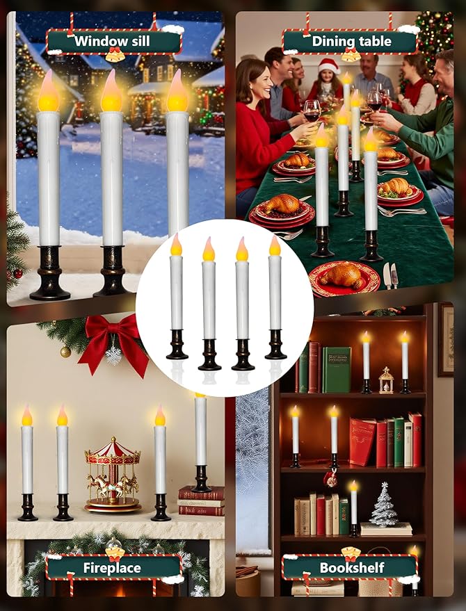 4 Pcs Christmas Window Candles with Timer, 9’’ LED Battery Operated Window Candle Lights with Flickering Flameless Flame, LED Candlesticks for Holiday Christmas Window Table Home Decor-Bronze Base