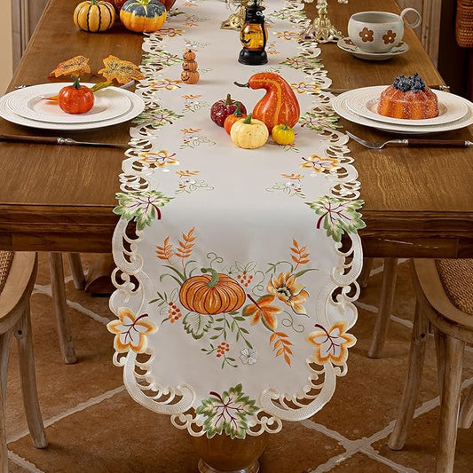 Joyfol Day Autumn Thanksgiving Table Runner 14 x 69 Inch, Cutwork Embroidered Pumpkin Maple Leaves Dresser Scarf, Seasonal Fall Table Runner for Kitchen Dining Harvest Party Decor