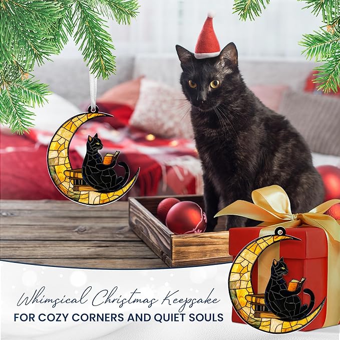 FLAGWIX Christmas Book Lovers Gifts for Readers - Acrylic Christmas Ornaments 2025 - Reading Nerd Librarian Bookish Gifts for Book Lovers, Black Cat Gift, Cat Decor Ornament for Christmas Decorations