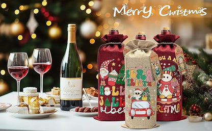 Aoonby 24PCS Burlap Wine Bags Christmas Wines Gift Bag, Drawstring Retro Christmas Bottle Cover Gift Bag w/Tag, Reusable Wines Bags for Bottles Gifts Wine Bottle Covers for Xmas Holiday Party Decor