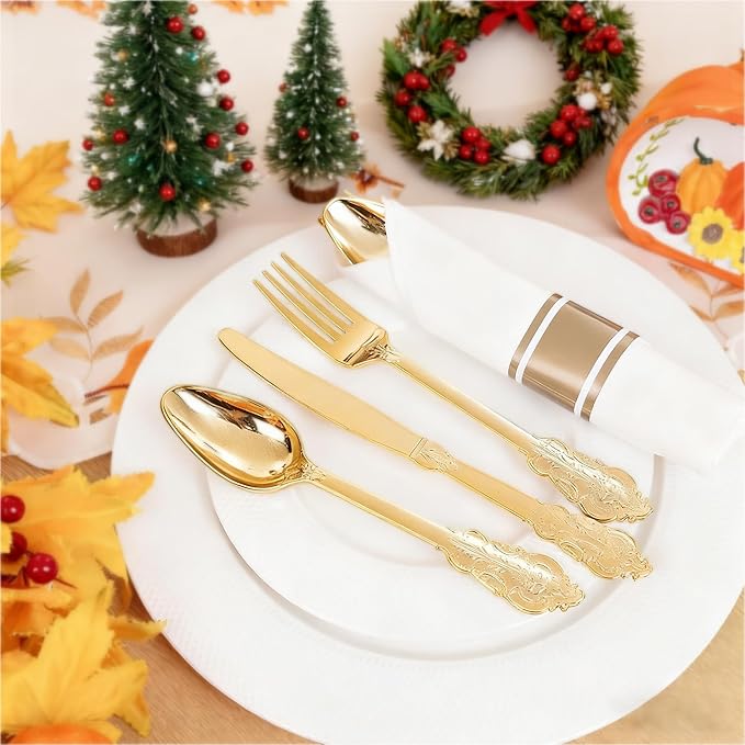 Liacere 400PCS Gold Plastic Silverware - Pre Rolled Napkins Disposable Gold Plastic Cutlery-Premium Quality Utensils-Includes 100Forks,100Knives,100Spoons,100 Napkins & Wedding & New Year