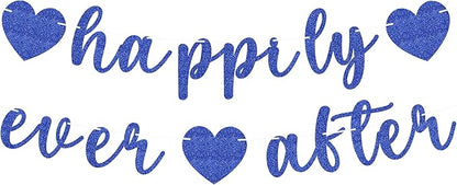 Pre-Strung Happily Ever After Banner - Royal Blue Glitter Bachelorette Bridal Engagement Party Decoration Supplies, Bachelorette Wedding Party Banner for Engagement, Bridal Shower, Wedding Party Photo Booth Props