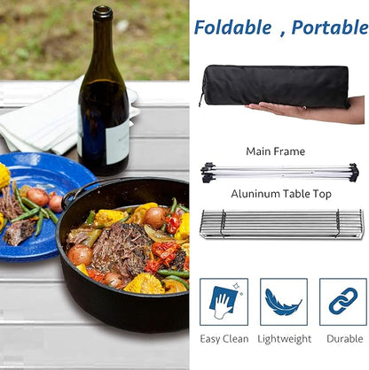 Grope Portable Camping Table with Aluminum Table Top, Folding Beach Table Easy to Carry, Prefect for Outdoor, Picnic, BBQ, Cooking, Festival, Beach, Home (Silver-L)