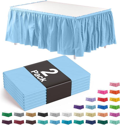 Exquisite Ruffle Table Skirt Light Blue 2 Pack 14 Ft Long Table Skirts for Rectangle Tables 6ft Plus or Round Tables Skirts with Adhesive Strip for Gender Reveal Decor & Happy Birthday Parties