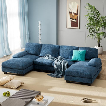 Furniwell Convertible Sectional Sofa Couch, 4 Seat Sofa Set for Living Room U-Shaped Modern Fabric Modular Sofa Sleeper with Double Chaise & Memory Foam (Fabric, Blue)