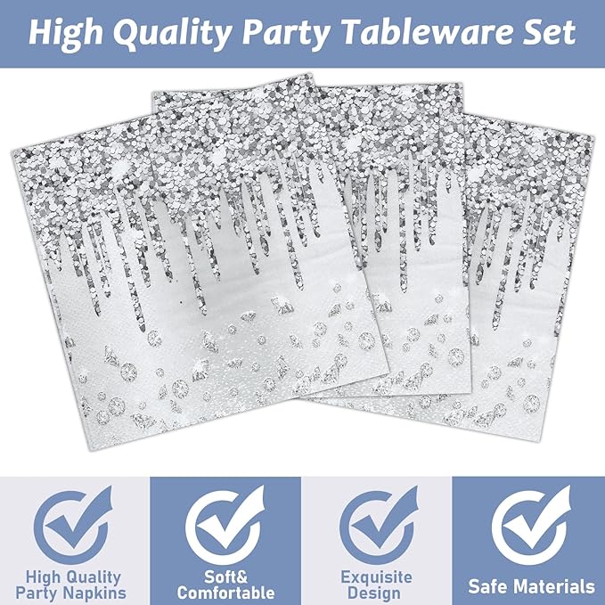 100PCS Silver Party Paper Napkins Happy Birthday Supplies Glitter Decorations Silver Diamond Theme Disposable Paper Lunch Napkins for Adults Kids Birthday Wedding Bridal Shower Favors