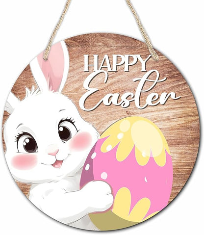 10" Easter Round Wooden Hanging Sign With Sisal Rope - Happy Easter - Bunny & Egg Wooden Plaque For Front Door, Porch, Outdoor Indoor, Farmhouse Wall Decor Party Favor & Decorations - B03