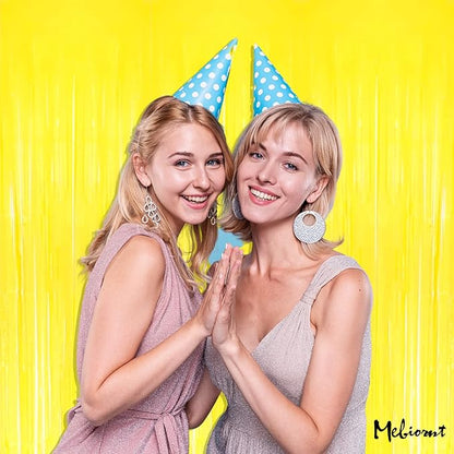 4 Pack Yellow Fringe Curtain Backdrop, 3.2Ft x 8.2Ft Metallic Tinsel Foil Fringe Streamers Background for Photo Booth Birthday Wedding Baby Shower Carnival Easter Mother’s Day Party Decorations