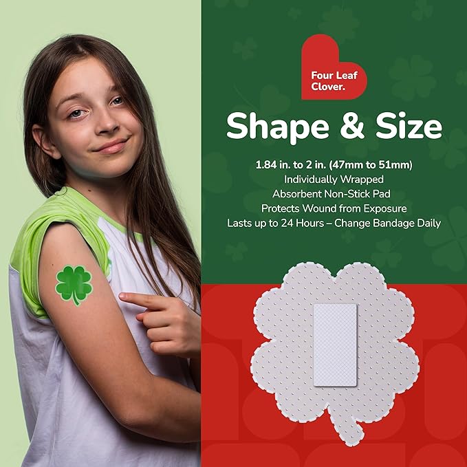 BioSwiss Kids Bandages, 4 Leaf Clover Shaped Self Adhesive Bandage Set, Latex Free, Sterile Wound Care, 24 Count