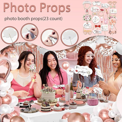 274 Pcs Rose Gold Bridal Shower Decorations, Bachelorette Party Decorations Favors - "BRIDE TO BE" Banner, Veil, Balloon, Photo Props, Tableware with Rose Gold for 25 Guests