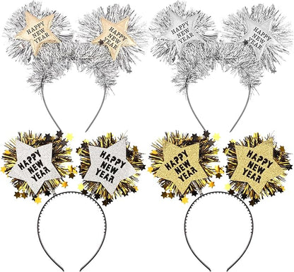 4PCS Happy New Year Headbands for Women, Silver and Gold Hair Hoop Headdress Hair Accessories for New Years Eve Party Supplies 2026