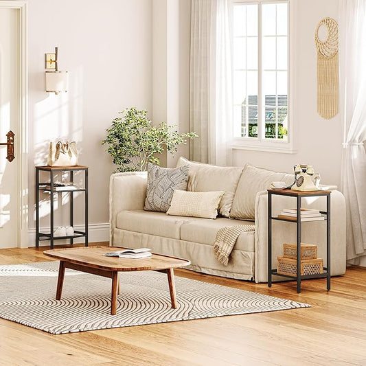 HOOBRO Side Table, 3-Tier Tall End Telephone Table with Adjustable Mesh Shelves, Small Entry Table for Living Room Bedroom Hallway or Office, Rustic Brown and Black BF01DH01G1