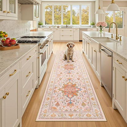 Area Rugs 2'x8' Runner Rug Non Slip Washable for Kitchen Hallway Bedroom Beside Laundry Room Bathroom Rug, Floor Carpet, Light Pink Colorful