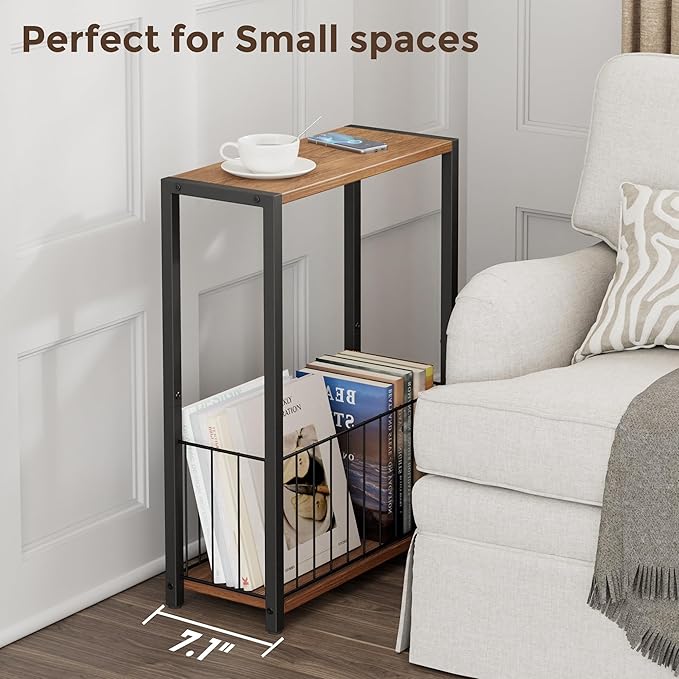 Narrow Side Table with Magazine Holder, Skinny End Table Perfect for Small Spaces, Space-Saving Design for Living Room, Bedroom, or Office, 7.1" D x 16.9" W x 23.6" H, Rustic Walnut