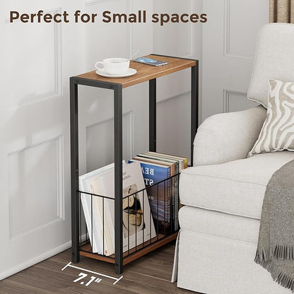 Narrow Side Table with Magazine Holder, Skinny End Table Perfect for Small Spaces, Space-Saving Design for Living Room, Bedroom, or Office, 7.1" D x 16.9" W x 23.6" H, Rustic Walnut
