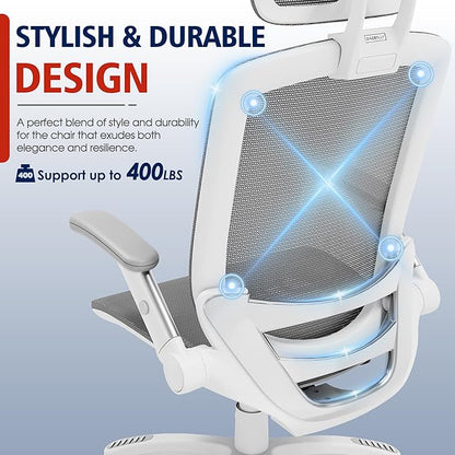GABRYLLY Ergonomic Office Chair, High Back Home Desk Chair with Headrest, Flip-Up Arms, 90-120° Tilt Lock and Wide Cushion, 300LBS Mesh Chairs for Man Woman, White Task Chair(Dark Grey,GY01WDG)