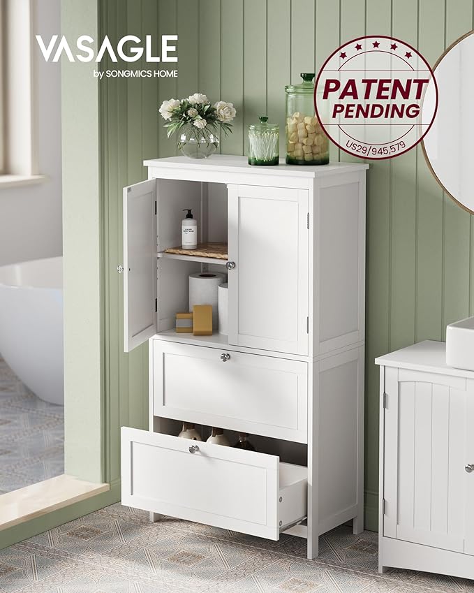 VASAGLE Bathroom Floor Storage Cabinet, Bathroom Storage Unit, Freestanding Cabinet with 2 Drawers and 2 Doors, Adjustable Shelf, 11.8 x 23.6 x 43.3 Inches, White UBBC551WH01S