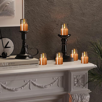 6Pack Glass Flickering Flameless Candles with Remote, 2"X3" Real Wax Votive Candles Battery Operated, Small Electric LED Candles for Wedding Home Decor, w/4 Timers+2 Lighting Modes [Gold]